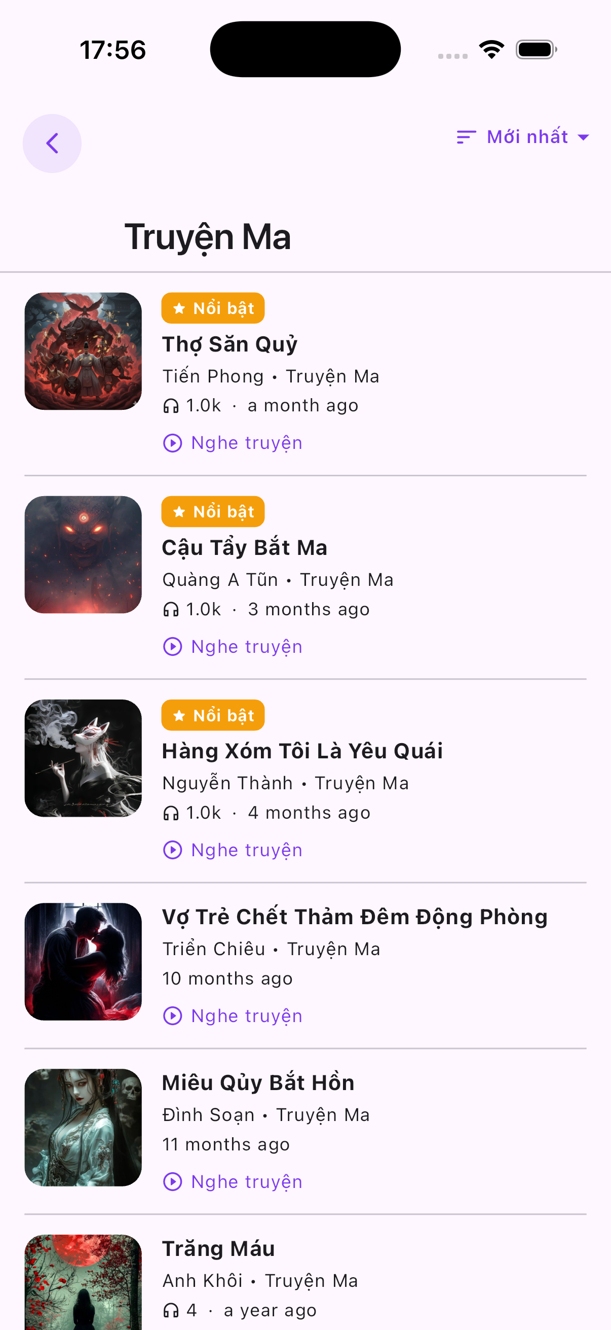 Màn hình danh mục Truyện Ma