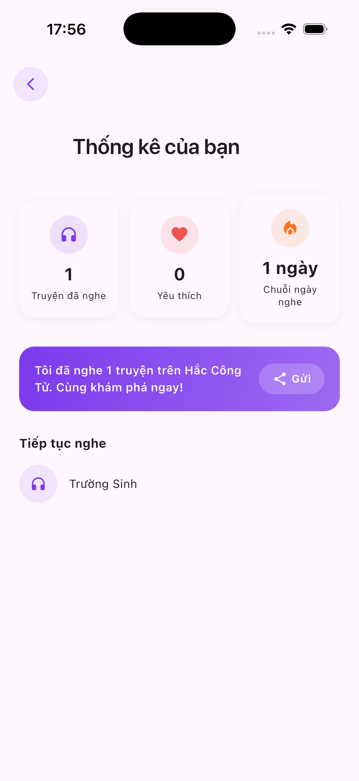 Màn hình thống kê nghe truyện